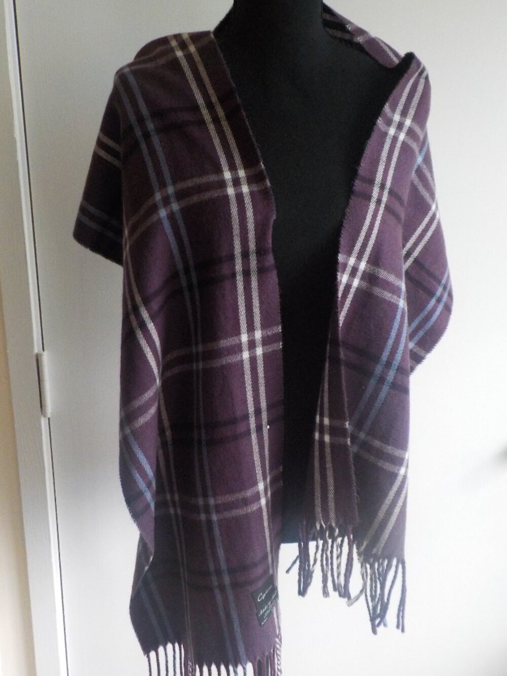 Cejon Scarf - Made Italy - Purple Blue White Plaid Fringe (2584)